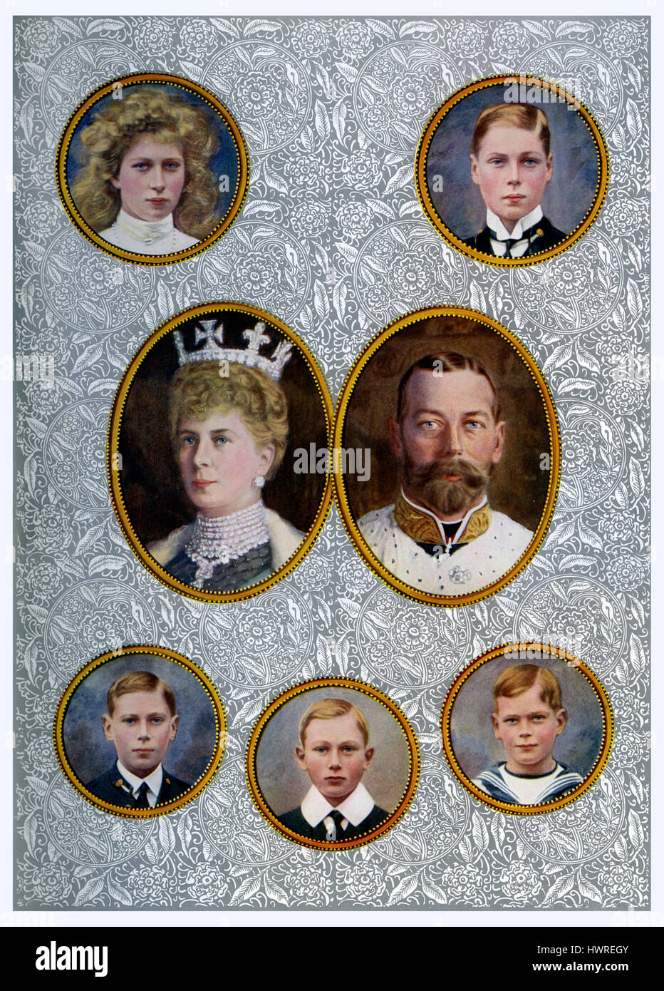 La familia real del rey Jorge V y la Reina María de Teck c. 1910. Arriba: la Princesa María (Princesa Real), Edward el Príncipe de Gales, luego Rey Eduardo VIII. Inferior: el Príncipe Alberto (Duque de York, más tarde el Rey Jorge VI), el Príncipe Henry, Duque de Gloucester), y Prince George (Duque de Kent). Foto de stock