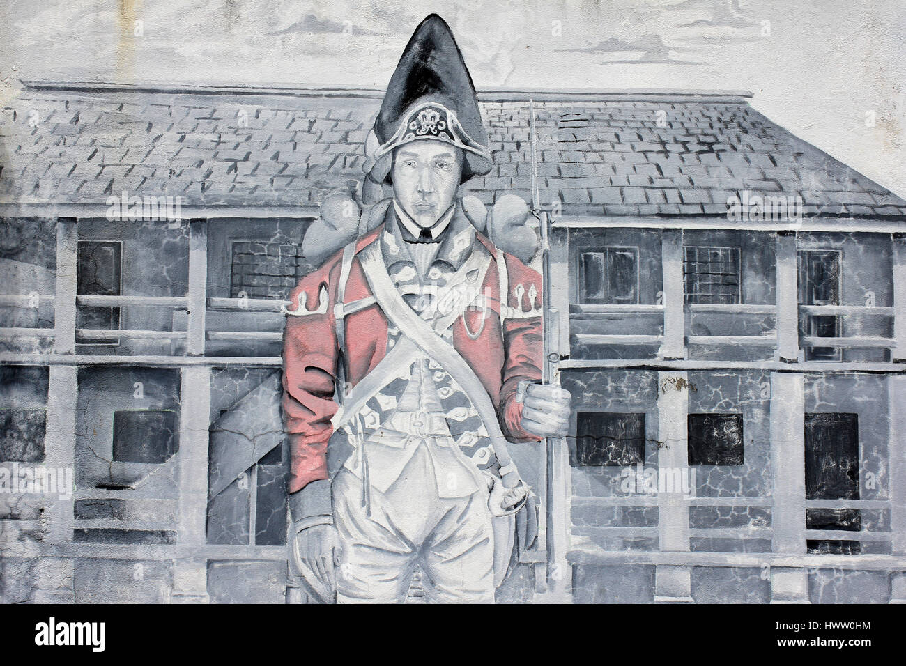 Mural mostrando soldado británico en Fort George, Titchfield Peninsula, Puerto Antonio, Jamaica Foto de stock