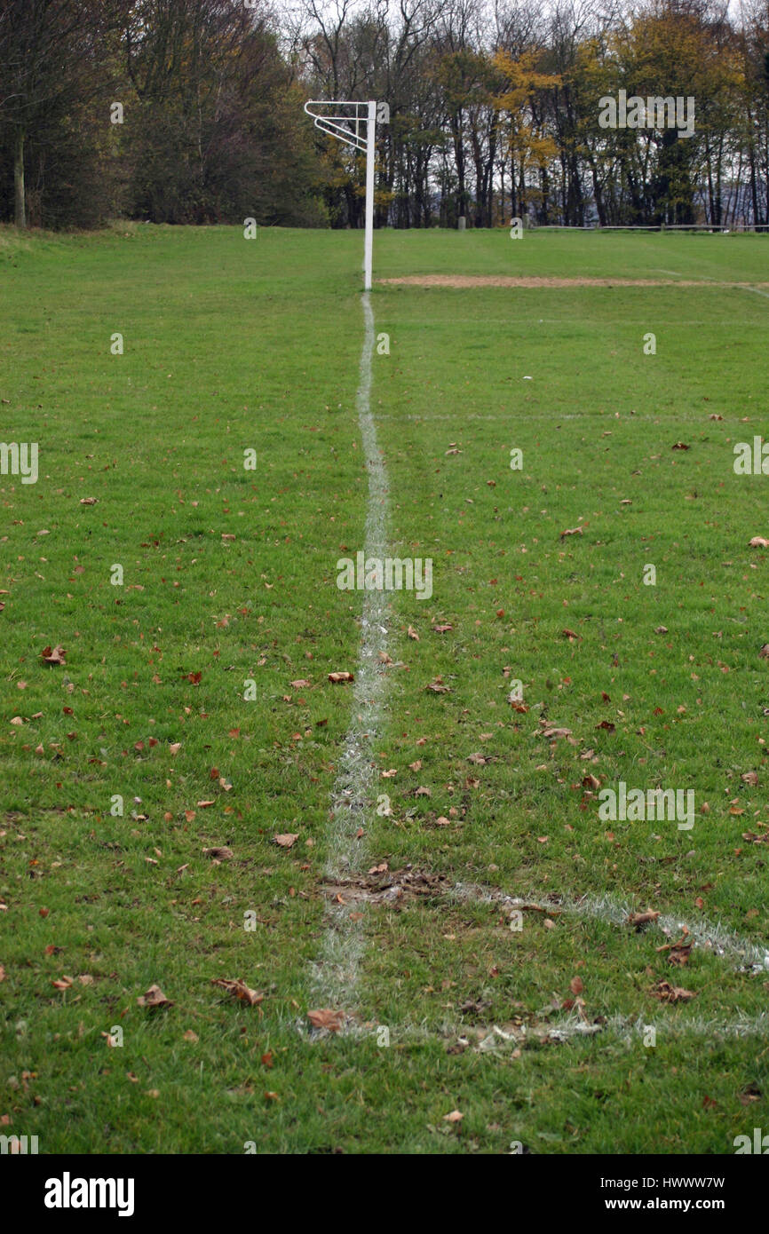 Tambaleante futbol línea de gol con la portería. Vista desde la esquina con un fondo de árboles. Foto de stock