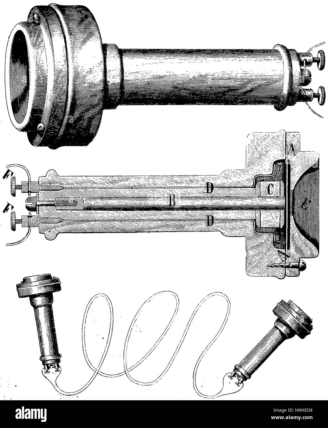 Ver media y externa del teléfono, la primera pieza de un candelero, teléfono, la reproducción de una imagen, la xilografía a partir del año 1881, digital mejorado Foto de stock