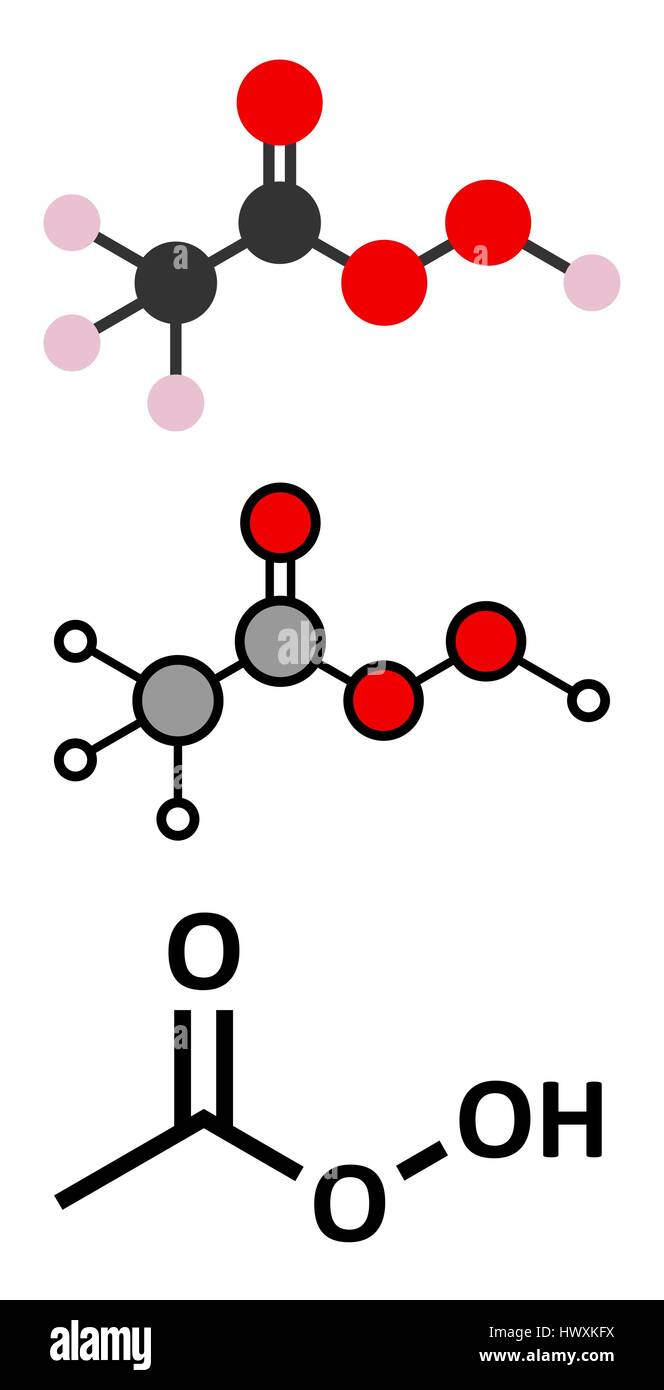 Ácido peracético (ácido peroxiacético, paa) molécula de desinfectante.  Peróxido orgánico utilizado comúnmente como agente antimicrobiano. 2D  representaciones estilizadas y equipadas Imagen Vector de stock - Alamy
