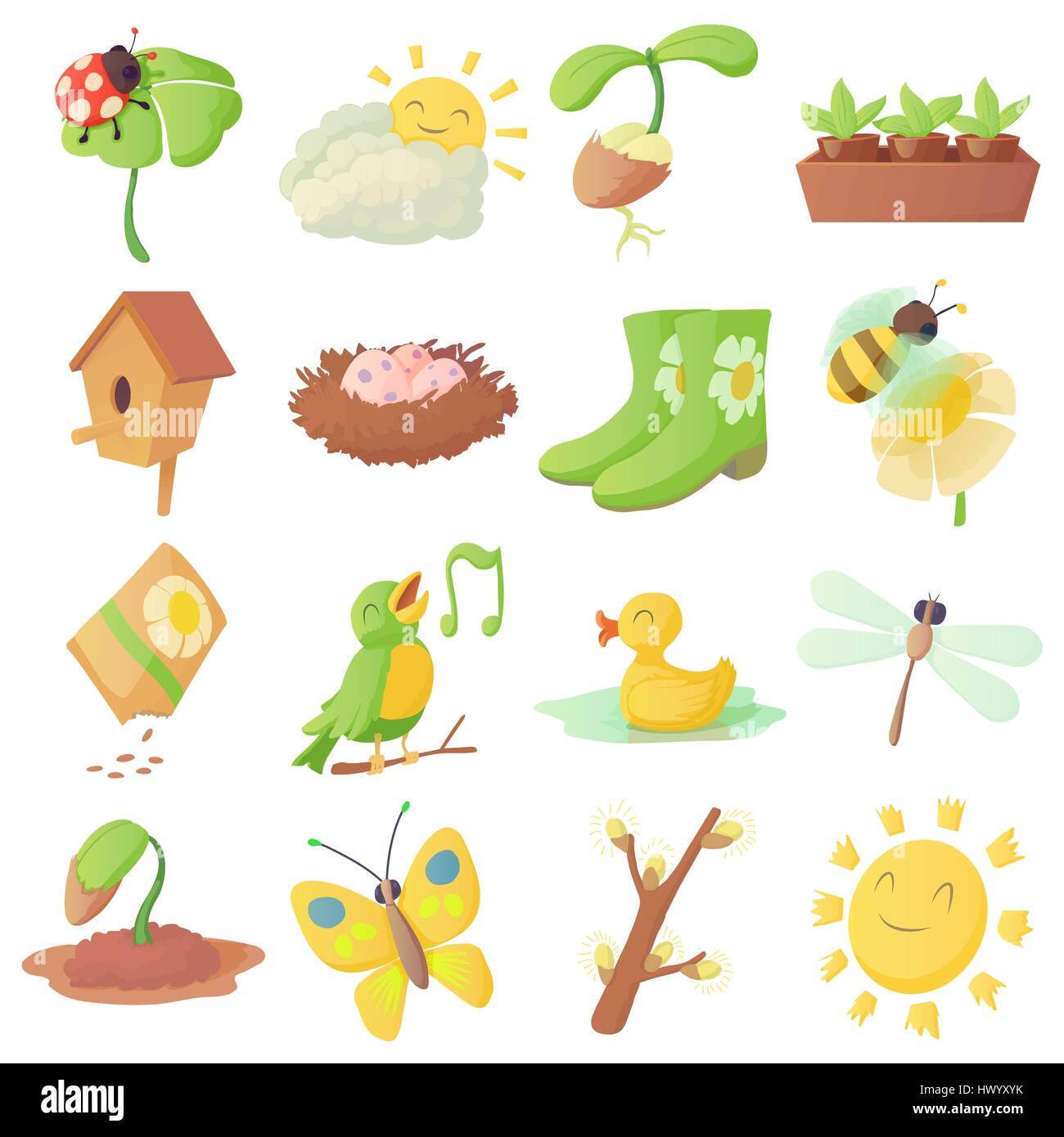 Cosas de primavera, los iconos de estilo de dibujos animados Imagen Vector de stock - Alamy Cosas de primavera, los iconos de estilo de dibujos animados Imagen Vector de stock - Alamy