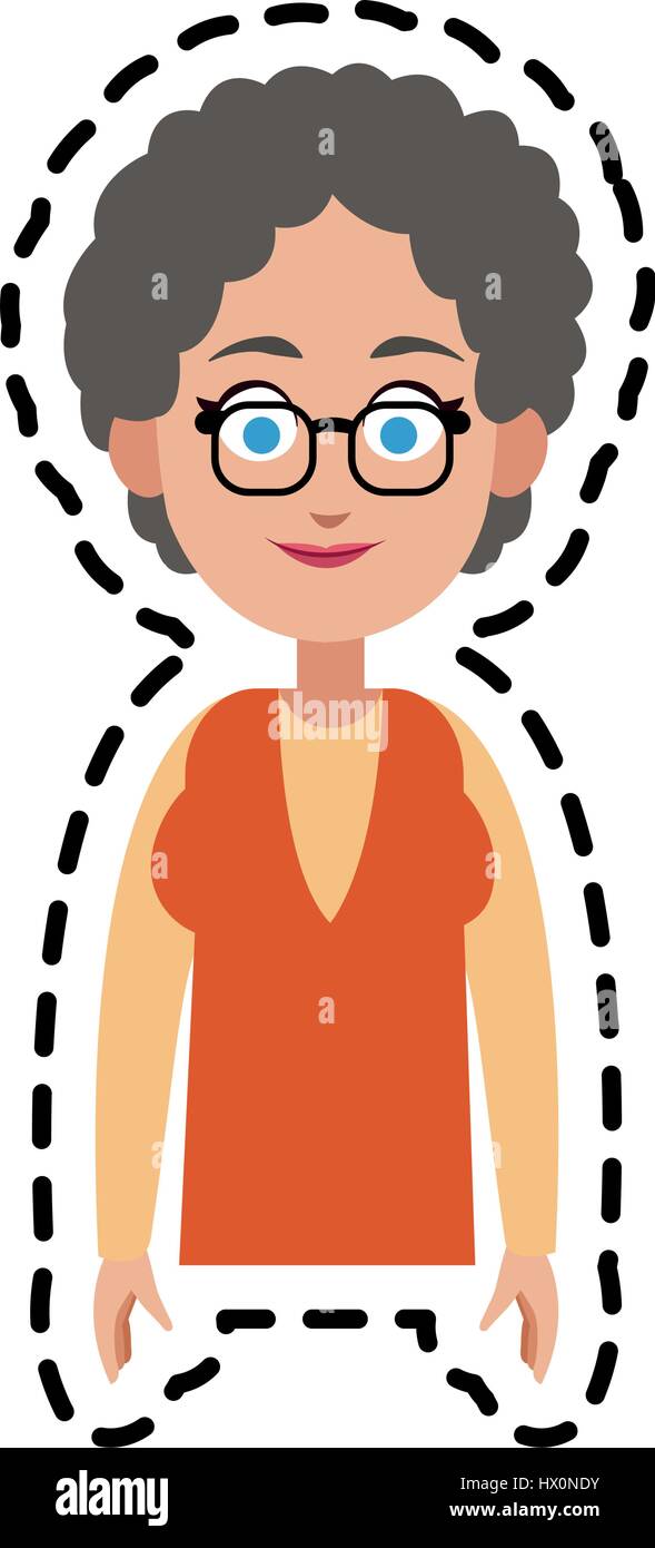 Feliz Anciana Con El Cabello Rizado Corto De Dibujos Animados