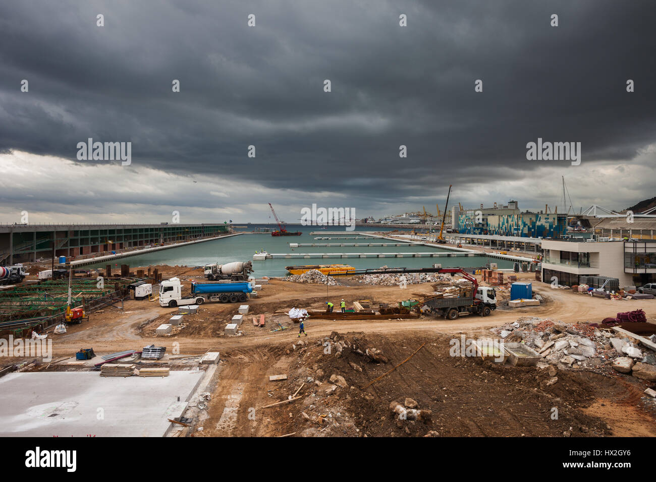 España, Barcelona, trazado y construcción de Hermitage Museum de Barcelona y Nueva Marina Port Vell Foto de stock