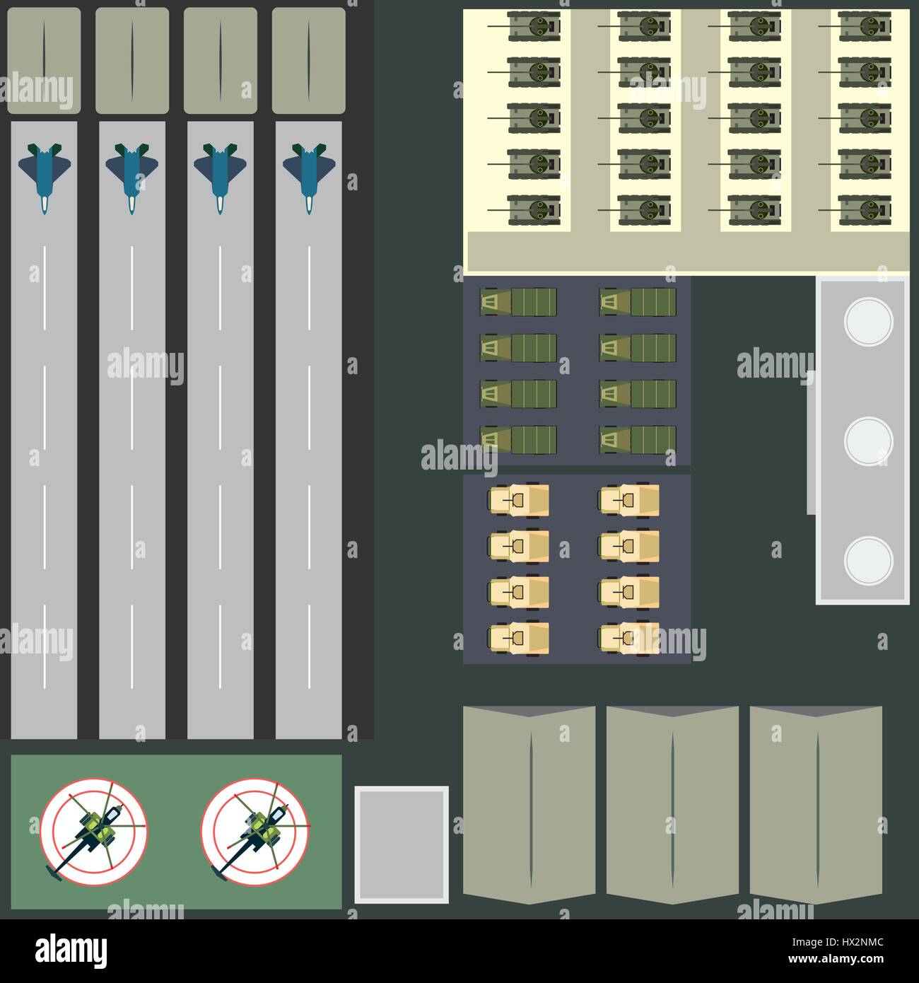 Base militar de combate, equipo militar, tipo plano Imagen Vector de