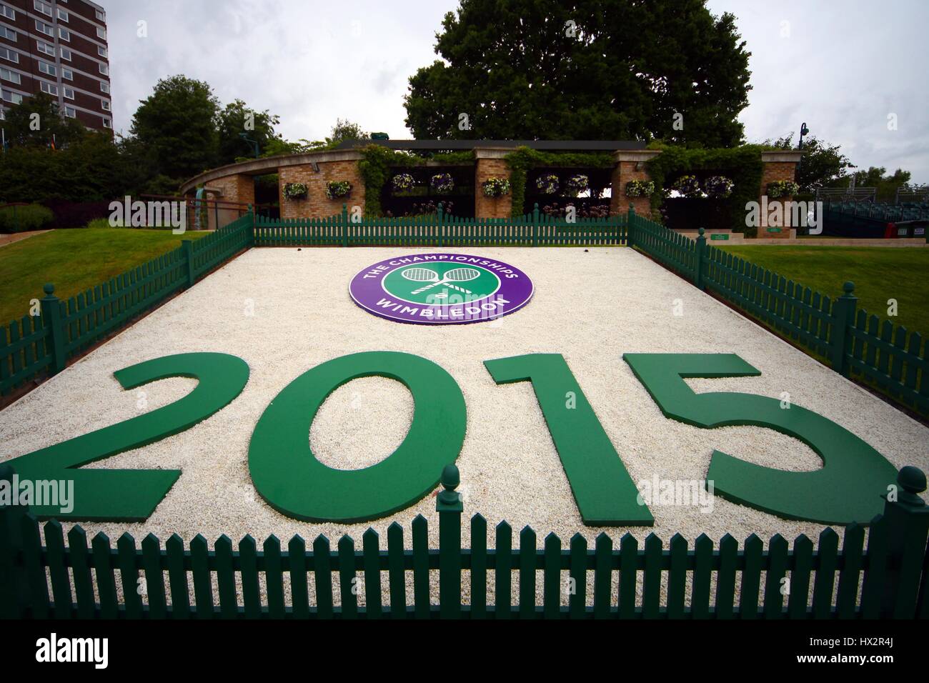 2015 EL LOGOTIPO DE WIMBLEDON EL CAMPEONATO DE WIMBLEDON 20 del All England Club de Tenis de Wimbledon en Londres, Inglaterra, 28 de junio de 2015 Foto de stock