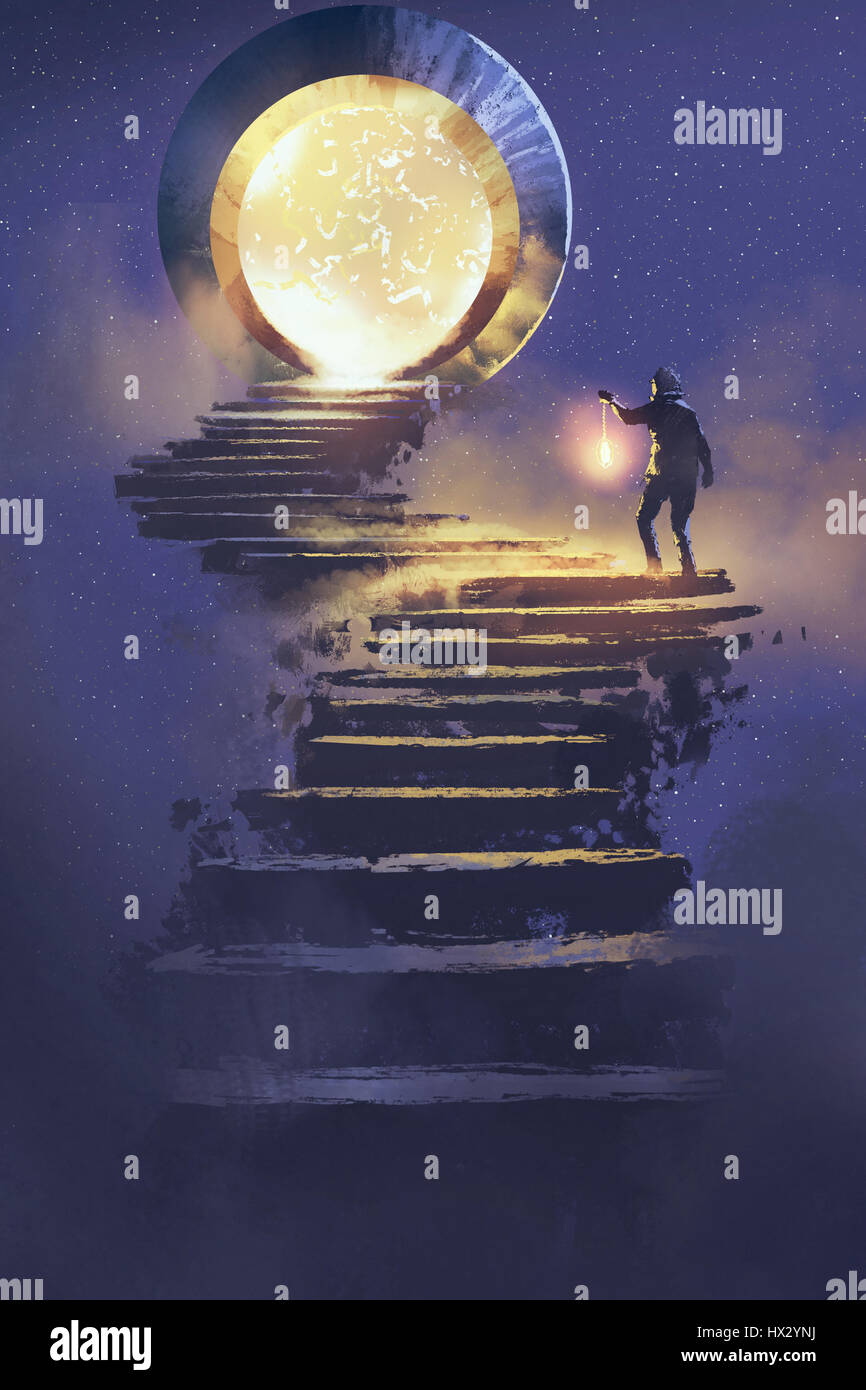 Hombre con una linterna, caminar sobre la escalera de piedra que lleva hasta la puerta de fantasía, ilustración pintura Foto de stock