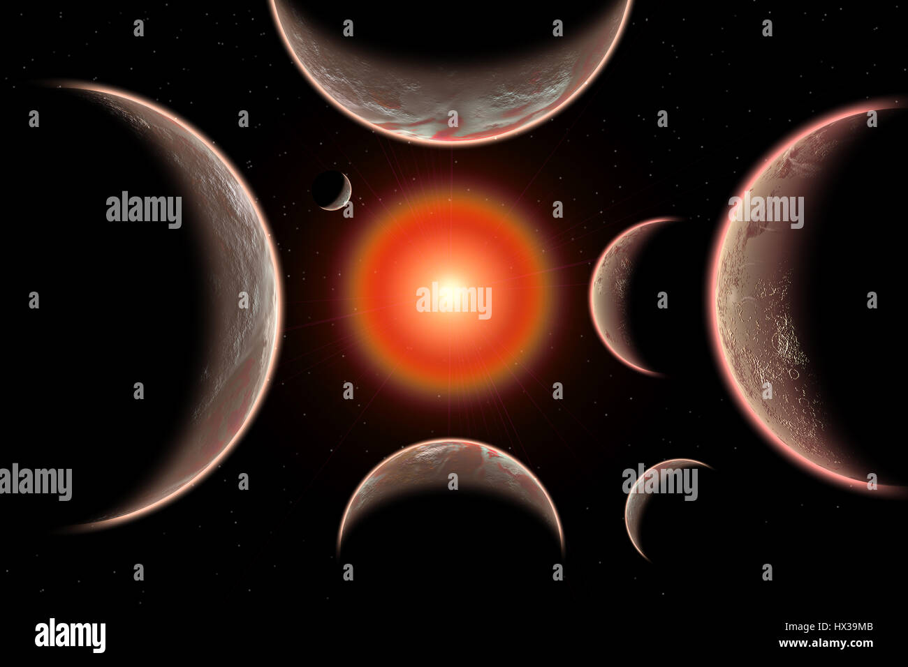 El sistema de estrellas trapense que consta de 7 exoplanetas. Foto de stock
