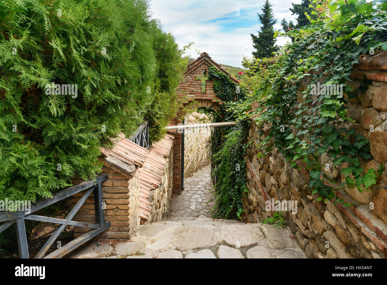 Camino a San Nino primavera en el monasterio de Santa Nina en Bodbe. La catedral fue construida en el siglo IV, sobre la tumba de San Nino. Sighnaghi. Kakhet Foto de stock