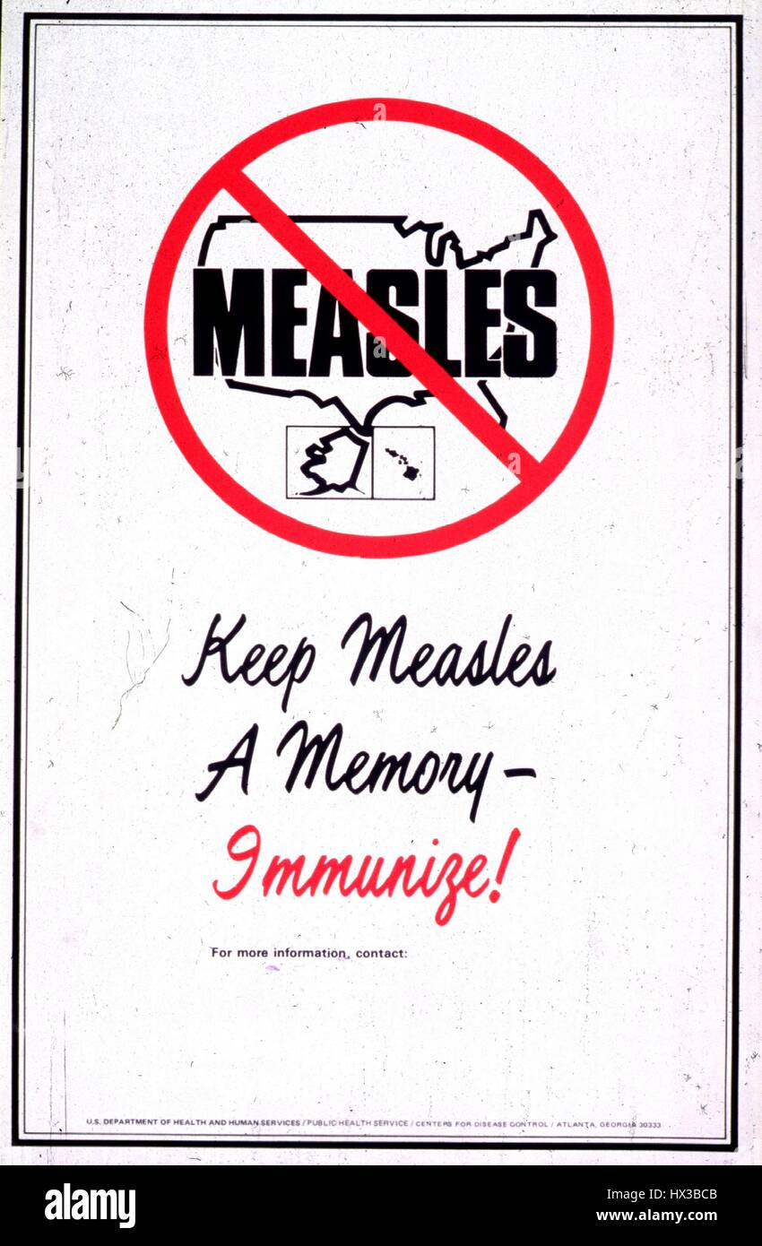Poster editado por los Estados Unidos, Centros para el Control de Enfermedades, representando a los 48 estados contiguos, abogando por las inmunizaciones contra el sarampión, de 1985. Cortesía de la Biblioteca Nacional de Medicina. Foto de stock