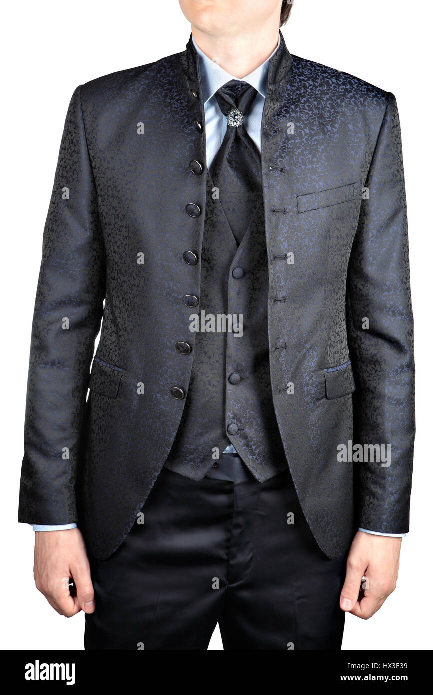 Los Hombres De Traje De Boda Gris Con Un Chaleco Cuello Alto Patron Floral Aislado Sobre Fondo Blanco Fotografia De Stock Alamy