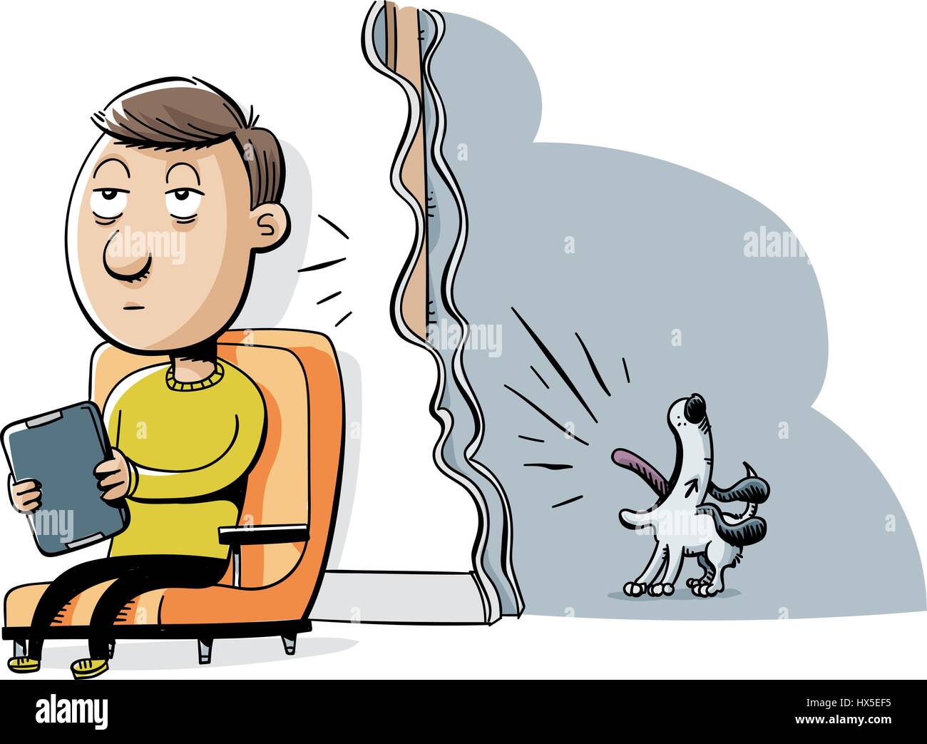 Una caricatura de hombre intenta disfrutar de un momento tranquilo pero está distraído por un perro ladrando en una sala vecina. Ilustración del Vector