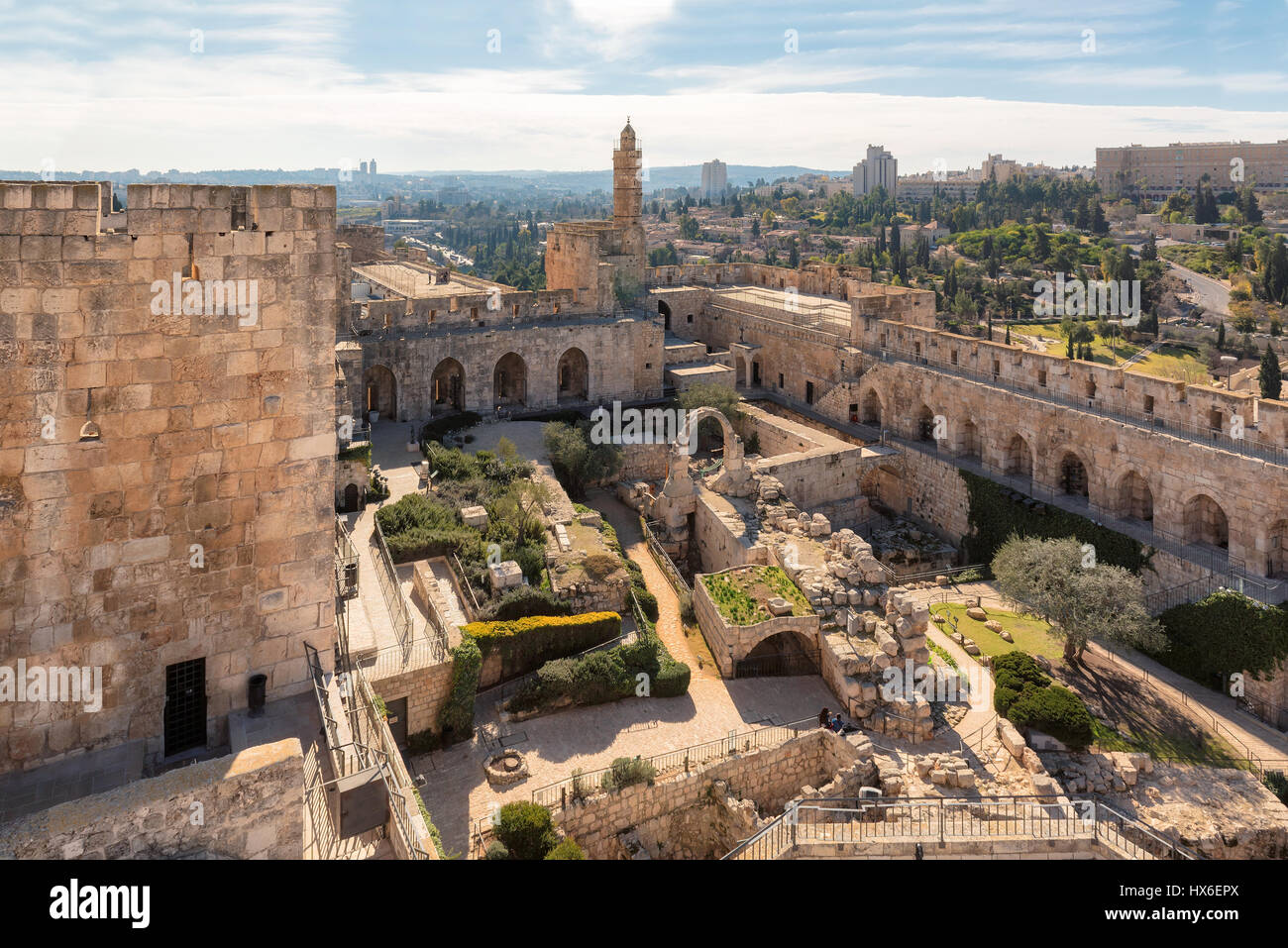 La Torre de David en Jerusalén antigua ciudadela, cerca de la puerta de Jaffa, en la Ciudad Vieja de Jerusalén, Israel. Foto de stock
