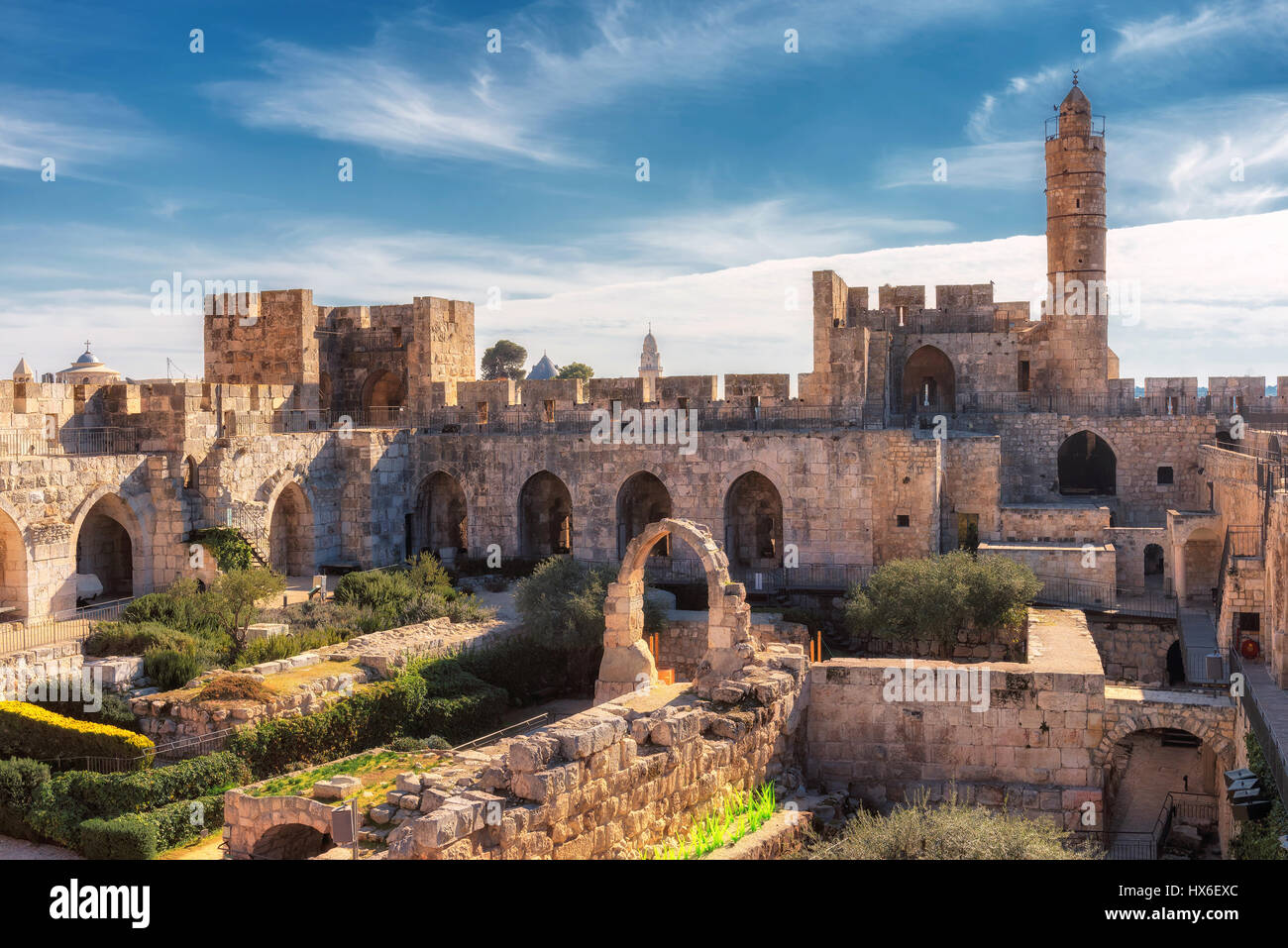 La Torre de David en Jerusalén antigua ciudadela, cerca de la puerta de Jaffa, en la Ciudad Vieja de Jerusalén, Israel. Foto de stock