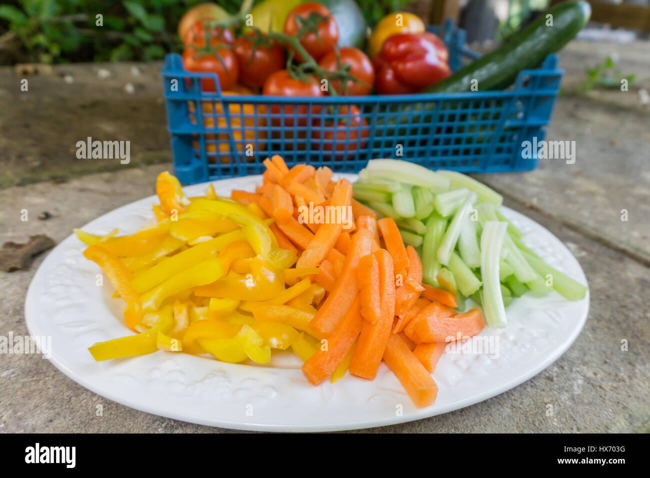 Las zanahorias y los pimientos troceados cellery Foto de stock