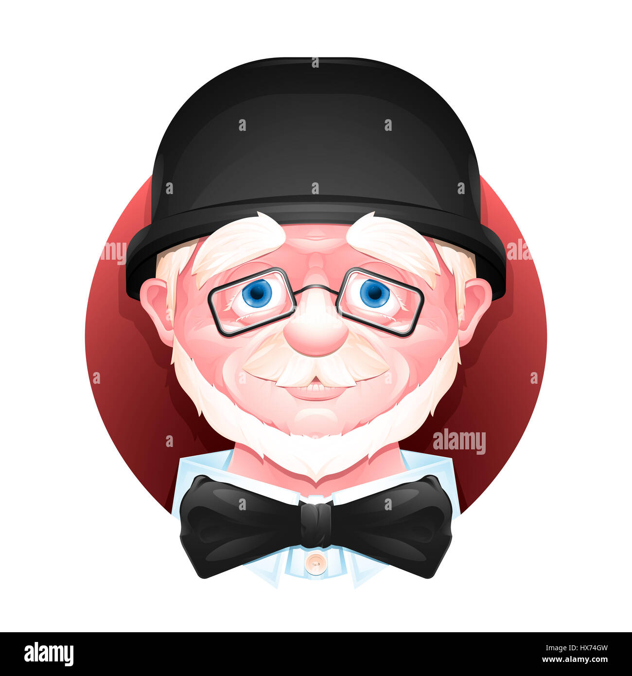 Close Up retrato de un encantador anciano hombre en un sombrero hongo, pajarita y gafas. Foto de stock