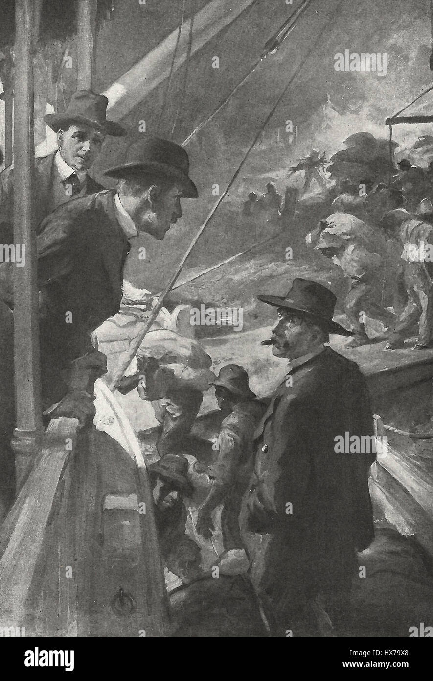 Los pasajeros hablando mientras se carga una barca, circa 1900 Foto de stock