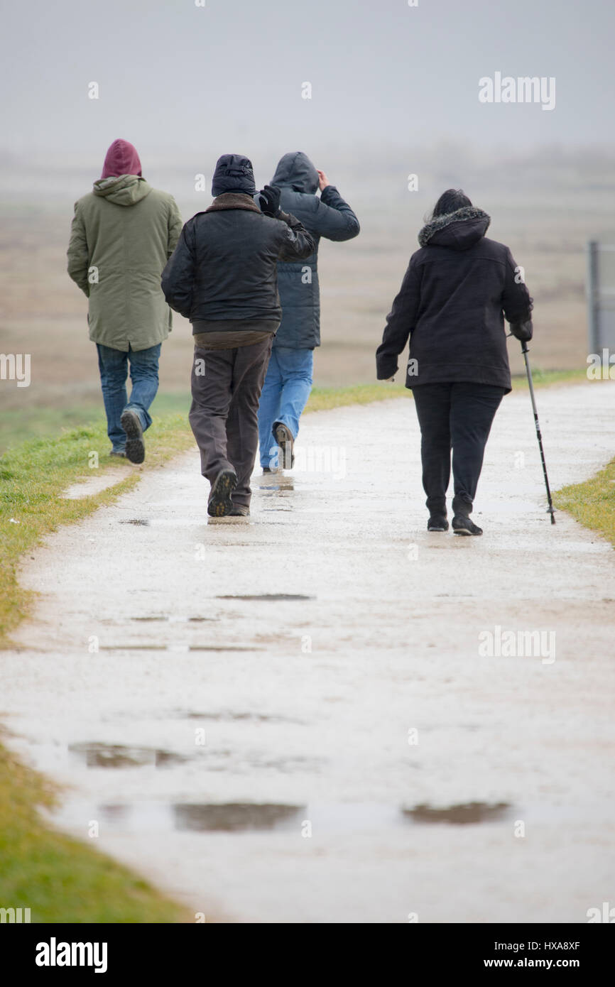 Los visitantes de Talacre playa en Flintshire, al norte de Gales, el valiente de humedad y viento mientras caminan a lo largo de la ruta costera Foto de stock