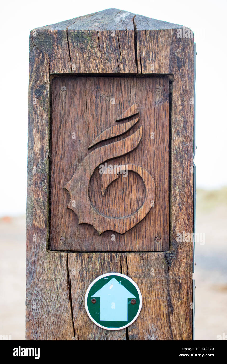 Ruta de la costa galesa firmar con el símbolo de madera con una flecha apuntando hacia la dirección de Talacre Playa, Flintshire, al norte de Gales Foto de stock