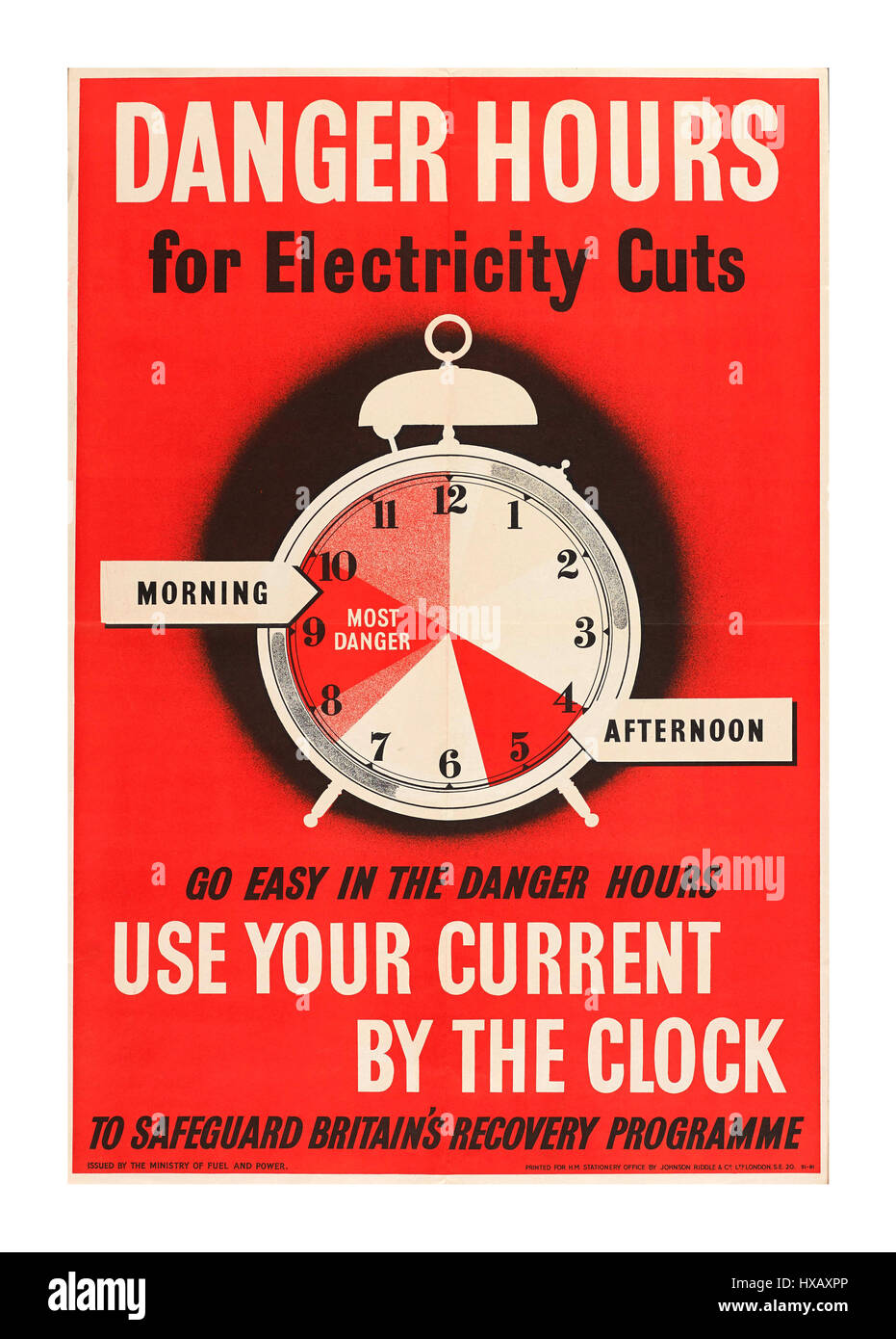 Vintage 1940 WW2 cartel avisando de posibles cortes de electricidad en las horas pico Foto de stock