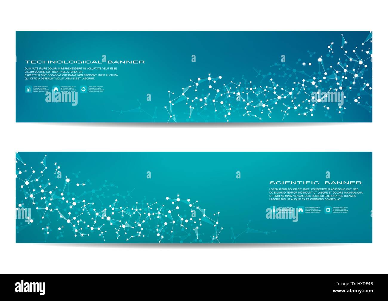 Conjunto de banners científicos modernos. Estructura de la molécula de ADN y las neuronas. Resumen Antecedentes. Medicina, ciencia, tecnología, negocios, plantillas de sitio web. Los gráficos vectoriales escalables. Ilustración del Vector