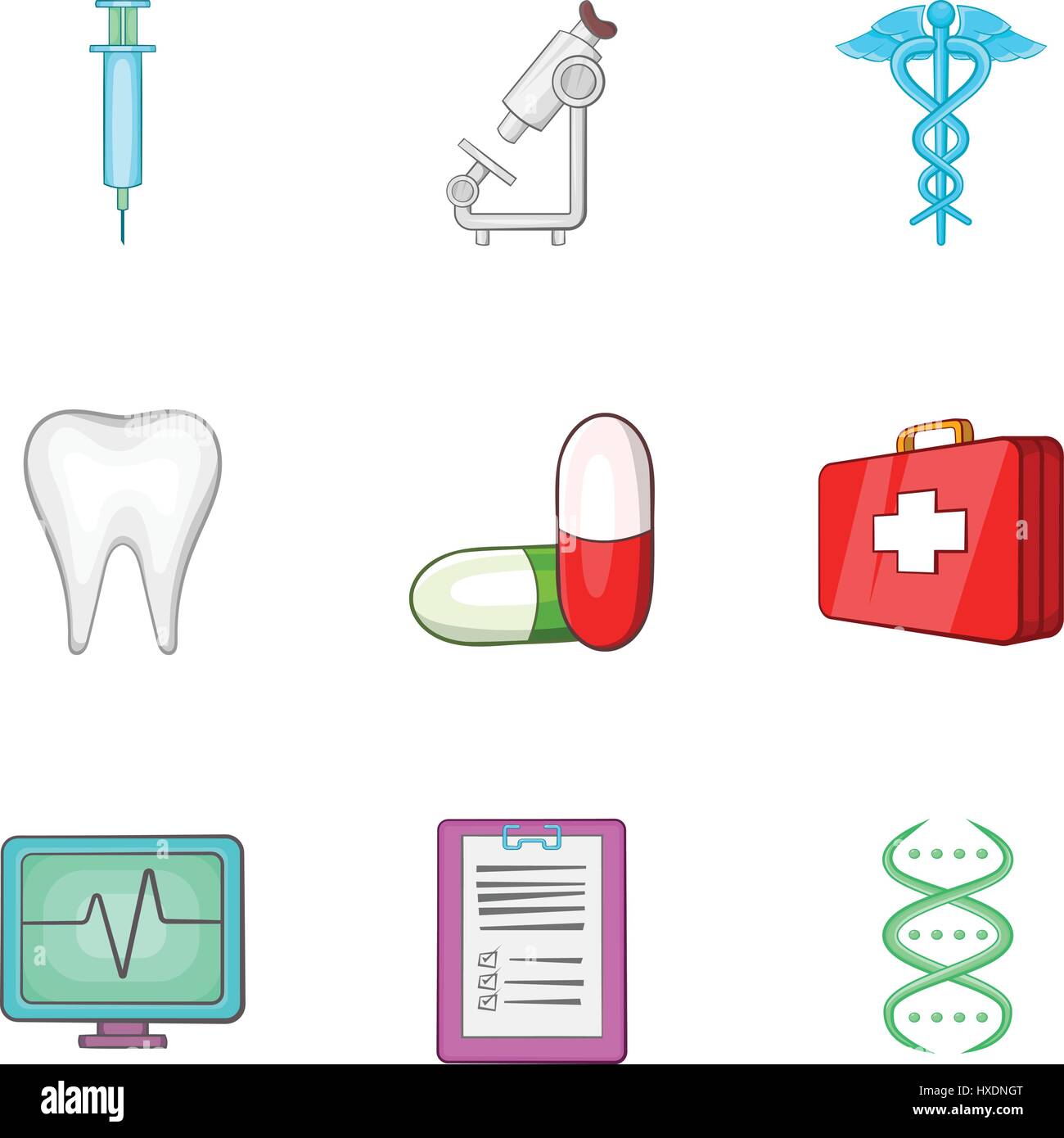 Iconos de curación, estilo de dibujos animados Imagen Vector de stock