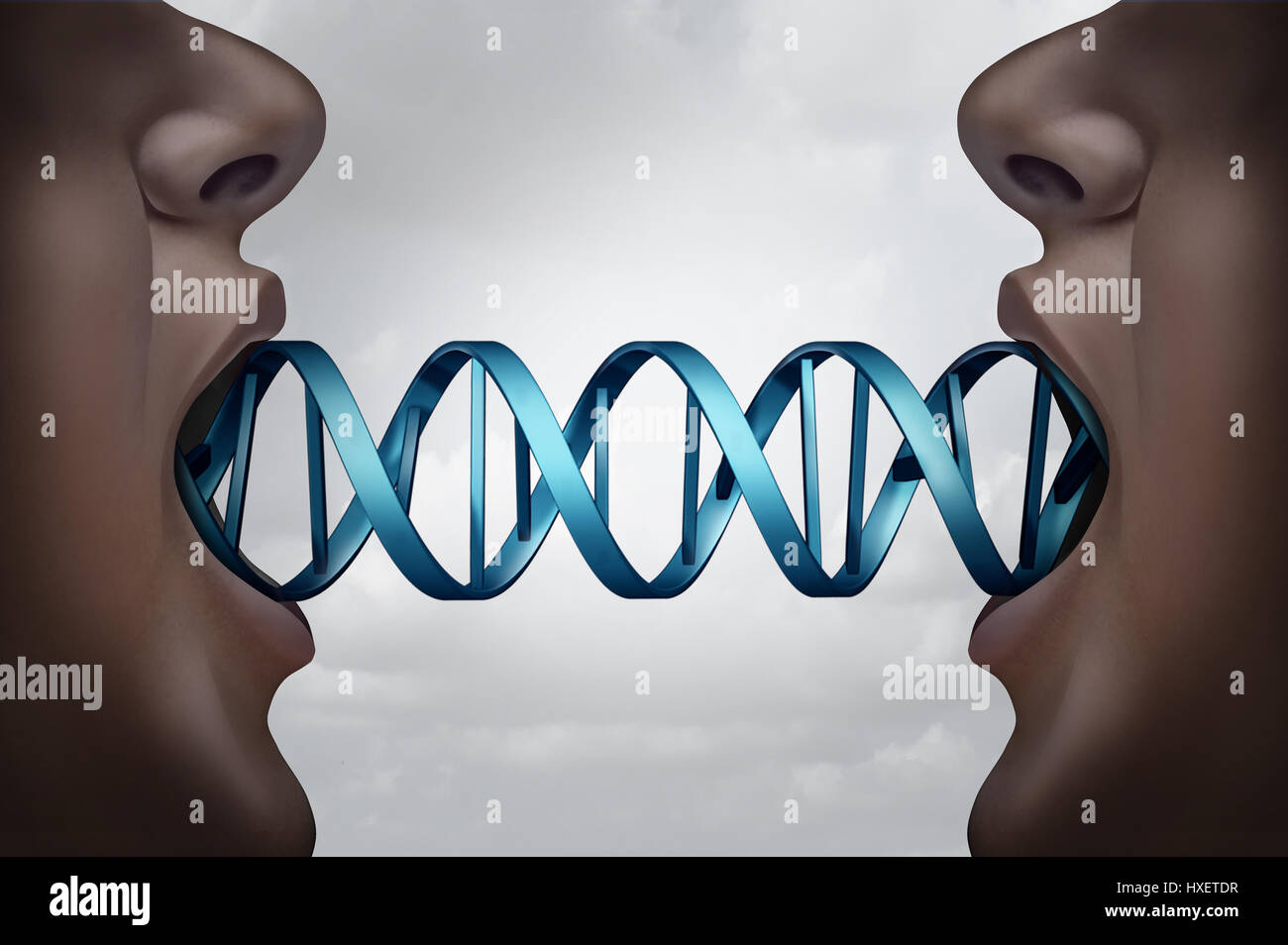 Clonación de genes y ADN clon médicos concepto tecnológico como clones con una estructura molecular de doble hélice que conecta las dos personas. Foto de stock