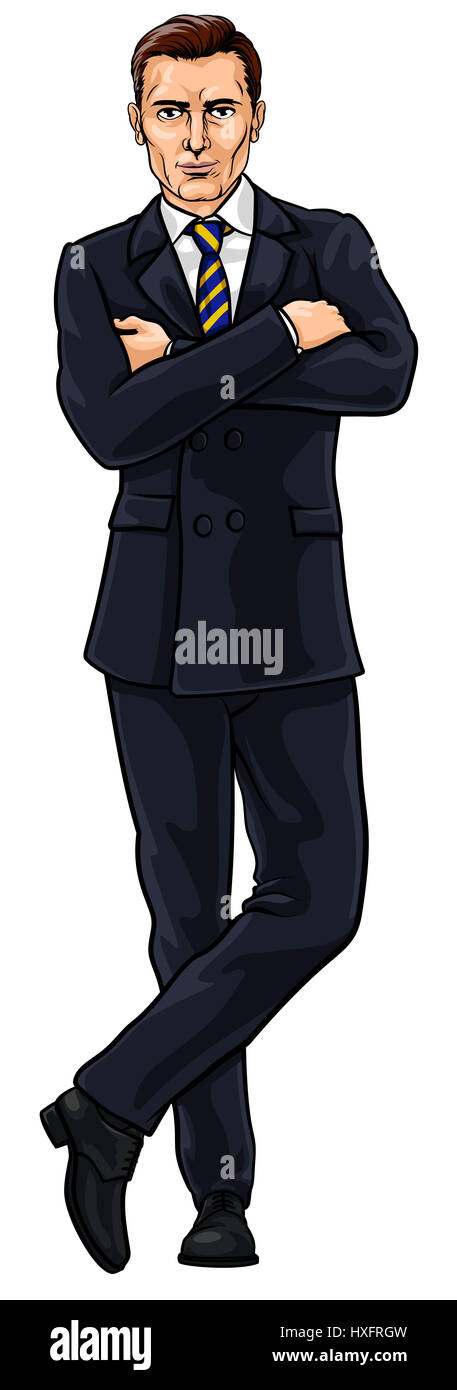 Un apuesto hombre de negocios en traje de pie con los brazos cruzados Foto de stock