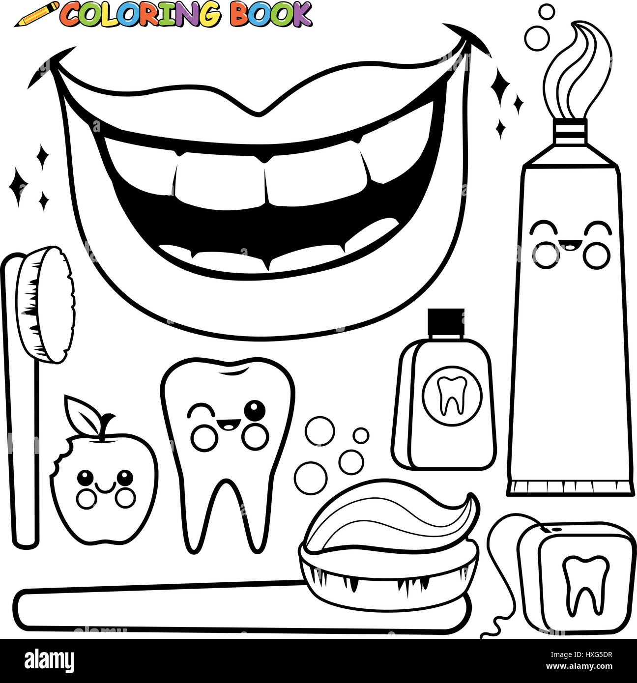 Vector de la higiene dental. Página de coloración blanco y negro Ilustración del Vector