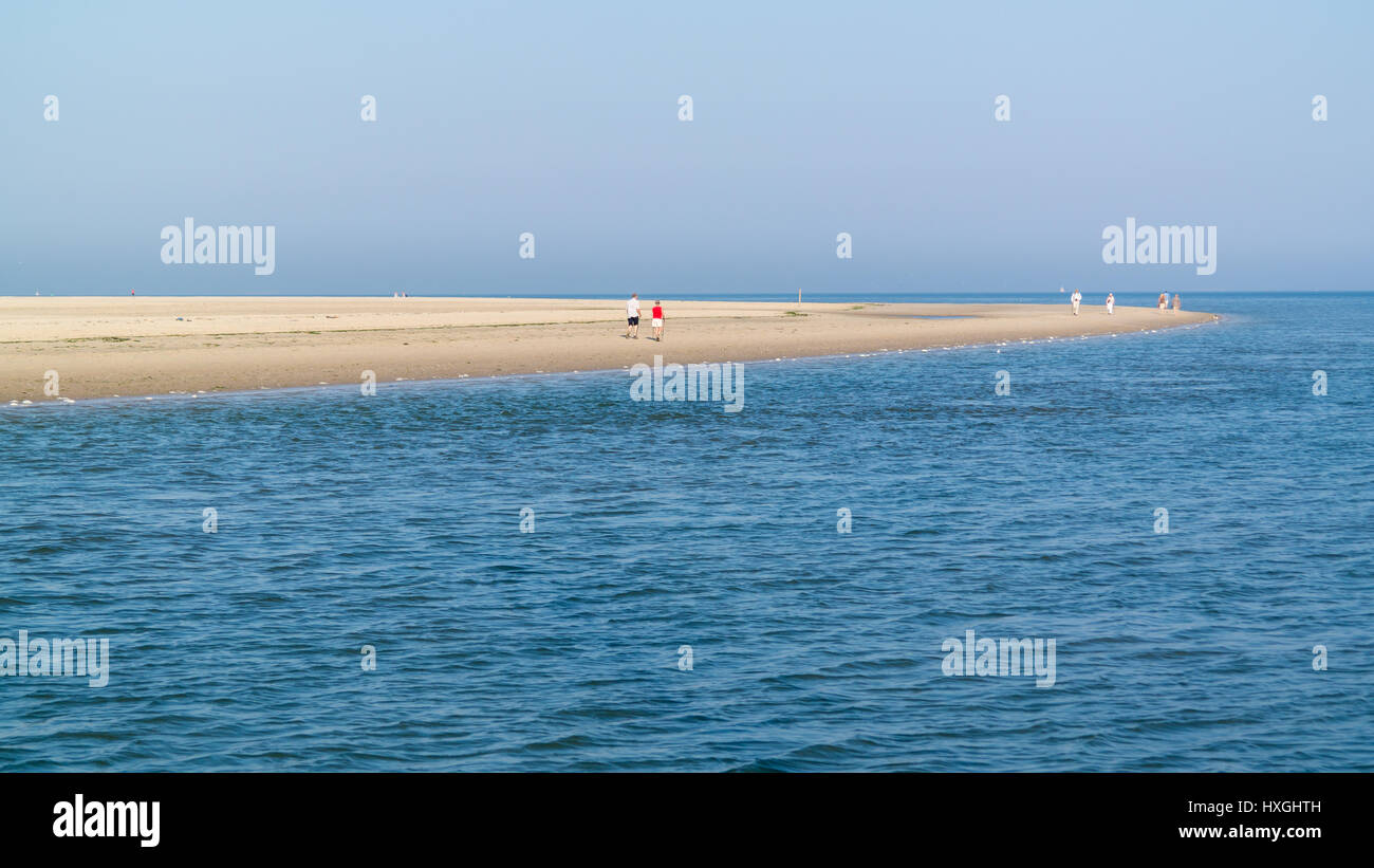 Los pensionistas activa caminar sobre la playa de Frisia occidental Waddensea isla Texel, Holanda Foto de stock