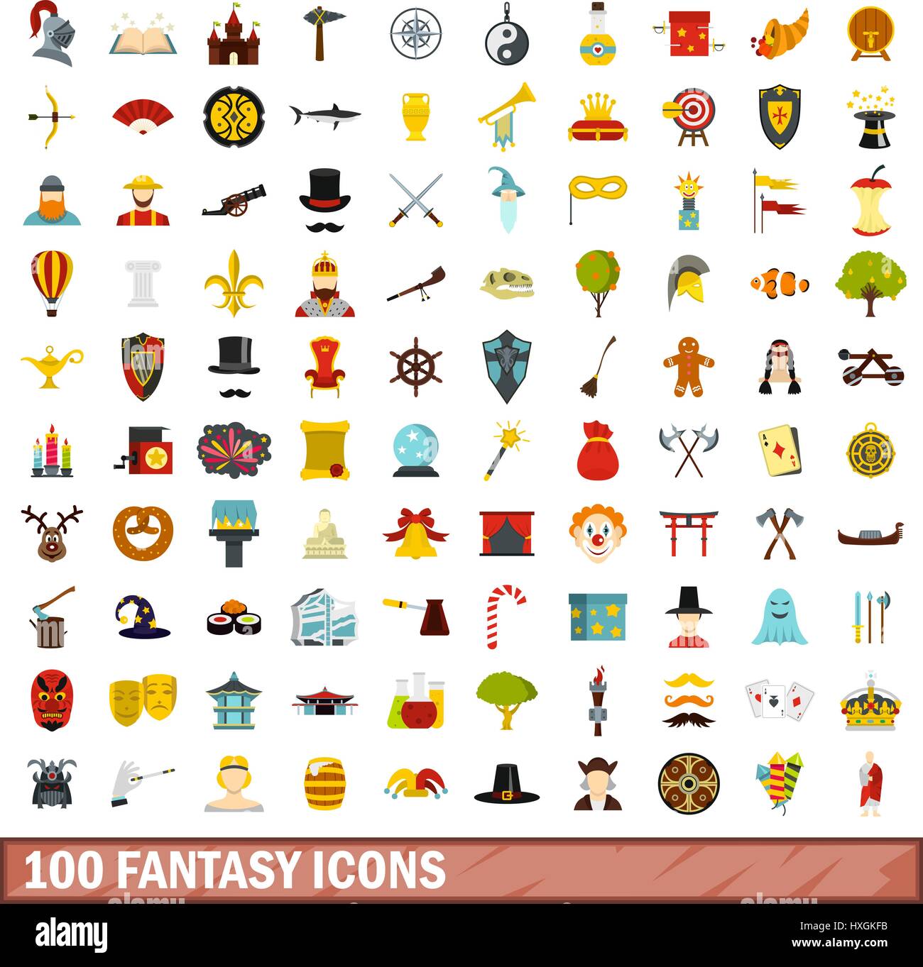 100 conjunto de iconos de fantasía, tipo plano Ilustración del Vector