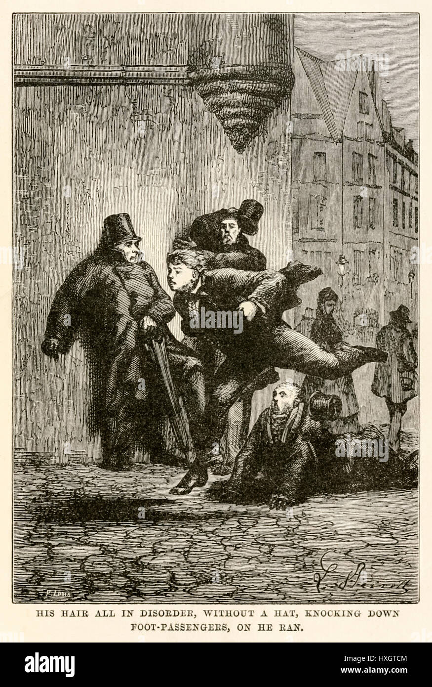 "Su cabello en desorden, sin sombrero, derriba a los pasajeros de pie, corrió." de "la vuelta al mundo en ochenta días' de Julio Verne (1828-1905), publicado en 1873 por Léon ilustración Benet (1839-1917) y grabado por Louis. Foto de stock