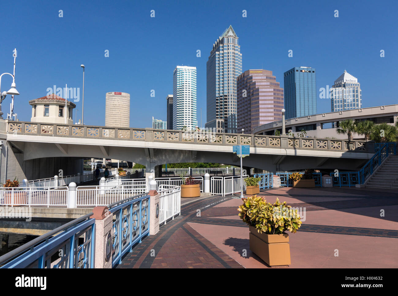 El Riverwalk delante del skyline de Tampa, Florida, EE.UU. Foto de stock