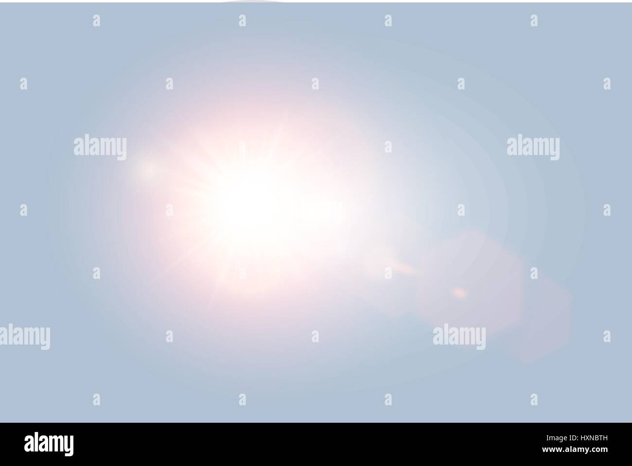 Vector transparente brillante luz solar día Lens Flare con elementos hexagonales sobre fondo de color azul claro. Sunrice o puesta de sol, lluvia de estrellas. Ilustración del Vector