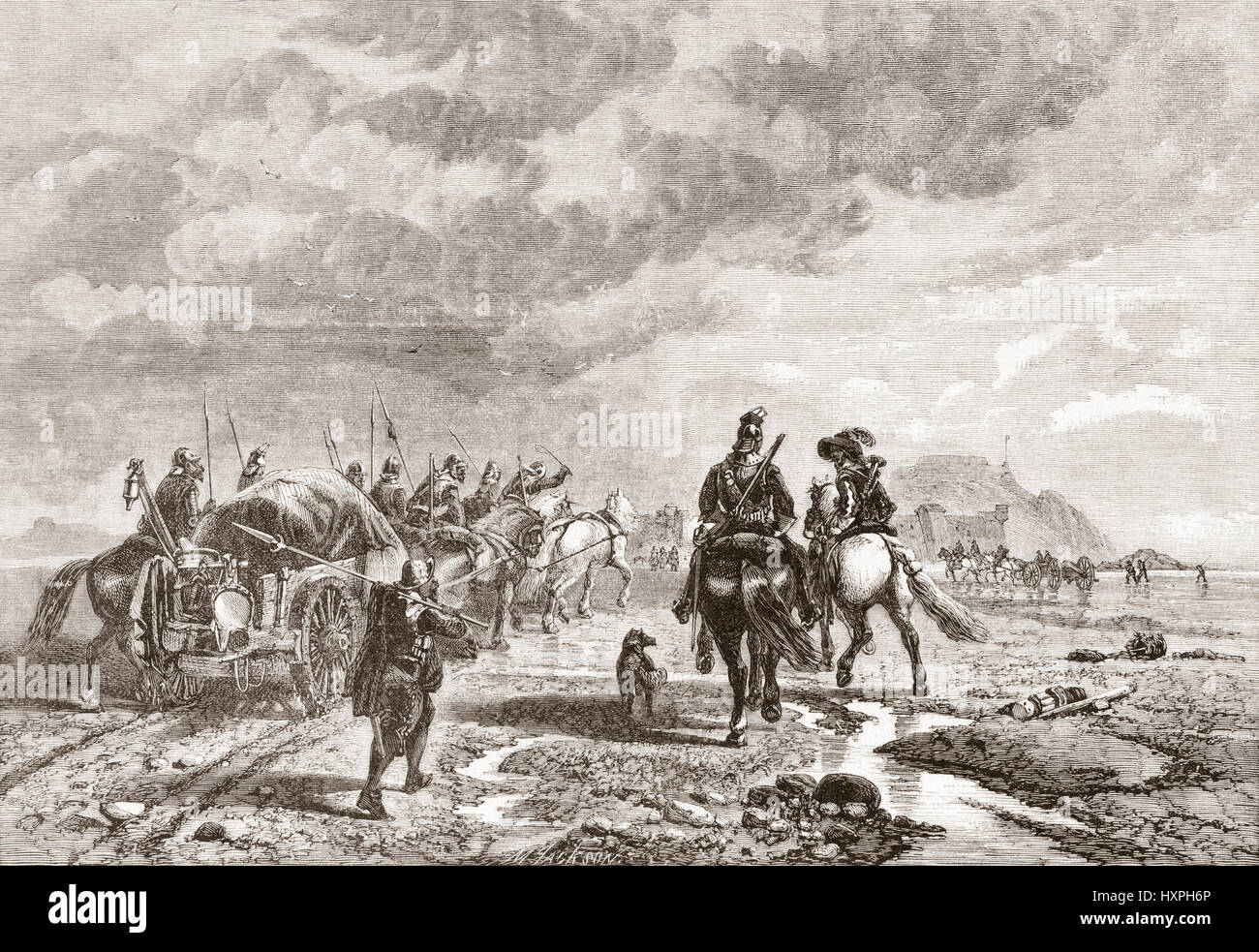Convoy militar francés aprovechando la marea baja para ir de Jersey a Fort Elizabeth antes de la batalla de Jersey en 1781 durante la guerra anglo-francesa. A partir de l'Univers Illustre publicado 1867. Foto de stock