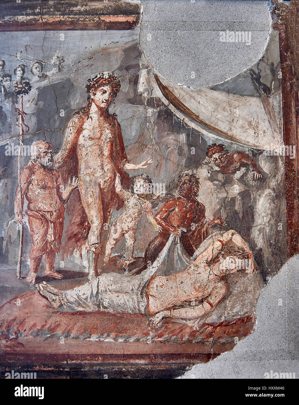 Fresco romano la pintura de la pared de una casa de Pompeya Dioniso, el poeta trágico, inv 9270, Nápoles, Museo Arqueológico Nacional. Foto de stock