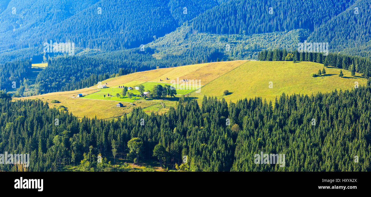 Pueblo de montaña. Paisaje de verano con bosque de pinsapos en pendiente y casas en glade (Cárpatos, Ucrania). Dos disparos stitch panorama. Foto de stock