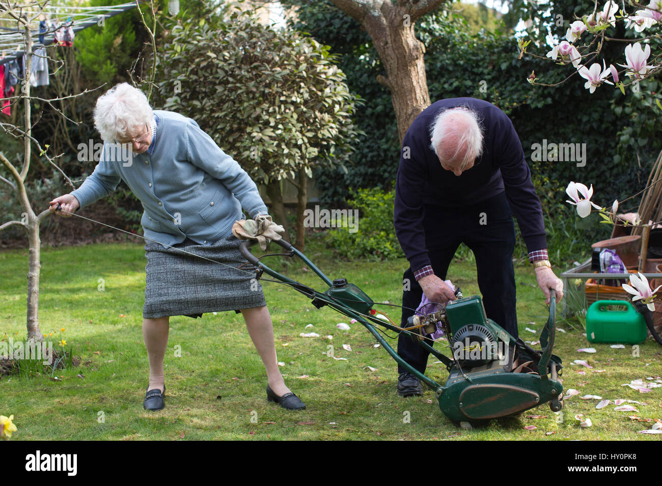 Los pensionistas ancianos intentando iniciar un cortacésped de gasolina en un inglés jardín residencial en una tarde de primavera, Surrey, Inglaterra, Reino Unido Foto de stock