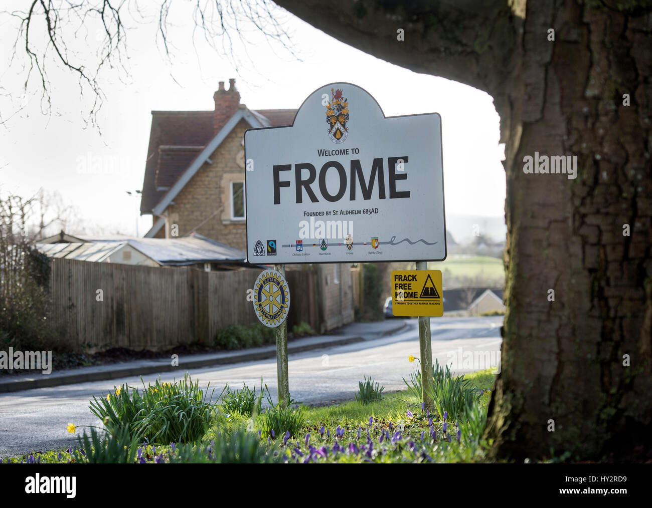 Signo en el enfoque de la ciudad de Frome en Somerset, Reino Unido Foto de stock