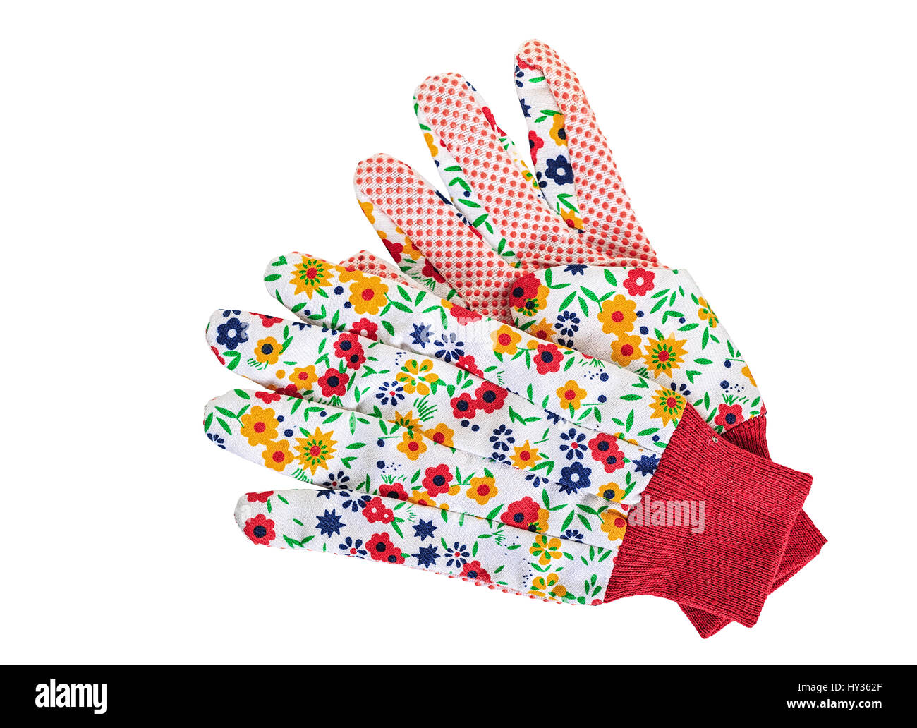 Bonita guantes de jardinería florales sobre un fondo blanco. Foto de stock