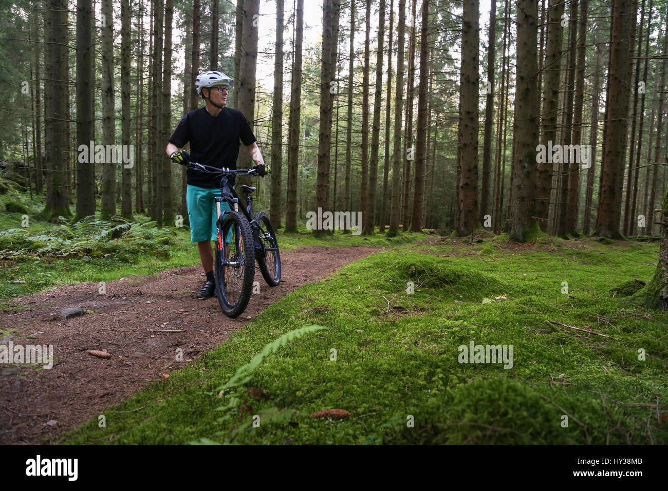 Suecia, Vastergotland, Lerum, hombre maduro con bicicleta en el bosque Foto de stock