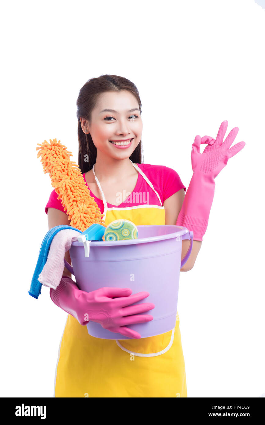 retrato de asiático hembra limpieza Servicio personal en uniforme y caucho  guantes, tareas del hogar concepto 27004345 Foto de stock en Vecteezy
