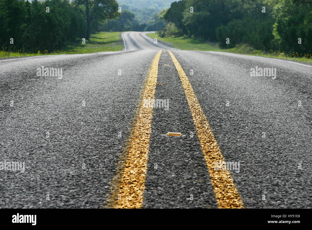 Ángulo de visión baja de una carretera curvada en el Texas Hill Country Foto de stock