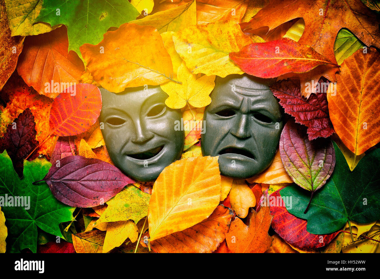 Feliz y Triste máscara en el follaje de otoño, la depresión, la fotografía  simbólica Froehliche und im Herbstlaub traurige Maske, Depresión Symbolfoto  Fotografía de stock - Alamy