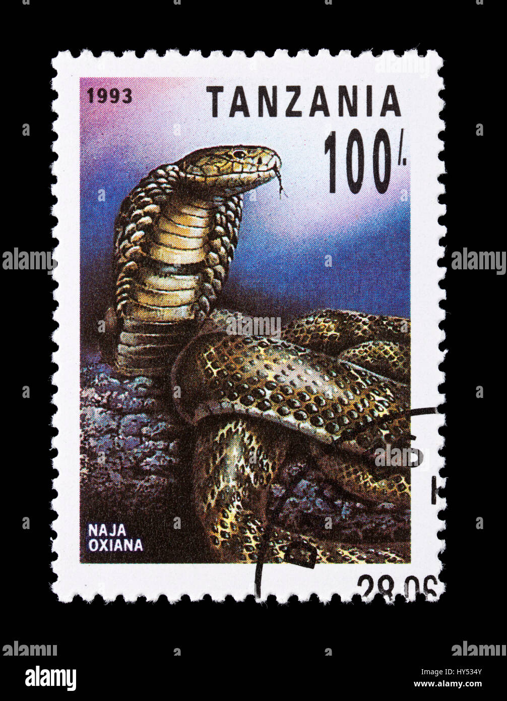 Sello de Tanzania que retratan un Caspian cobra (Naja oxiana) Foto de stock