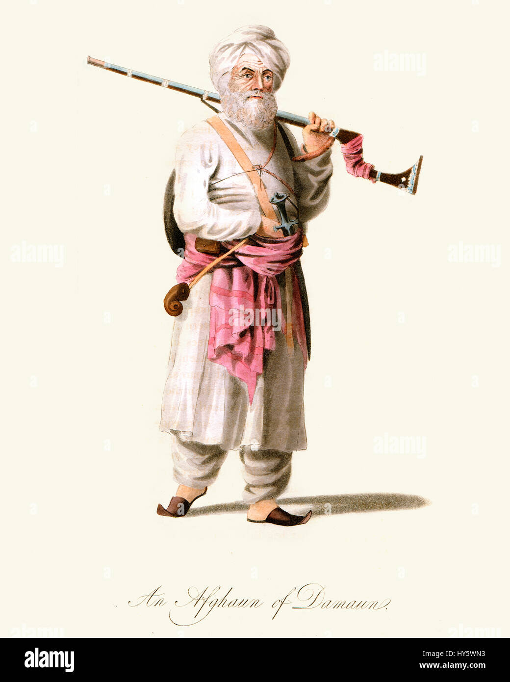 Grabado en color Vintage desde 1819 mostrando un afgano guerrero de la zona alrededor de Daman, provincia de Kandahar, Afganistán. Foto de stock