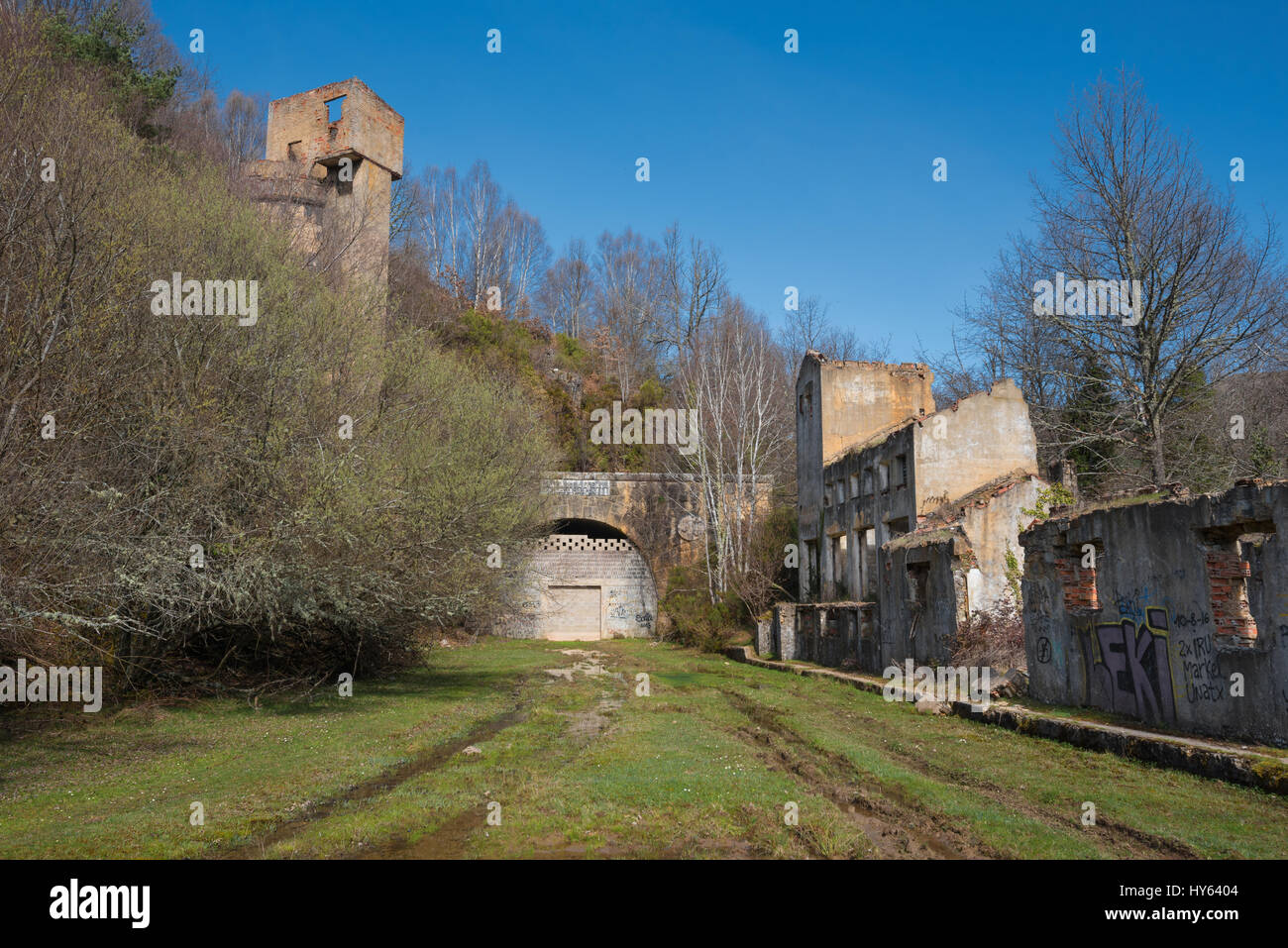 Fachada del antiguo túnel de ferrocarril abandonados La Engana, entre la provincia de Burgos y Cantabria, España. Foto de stock