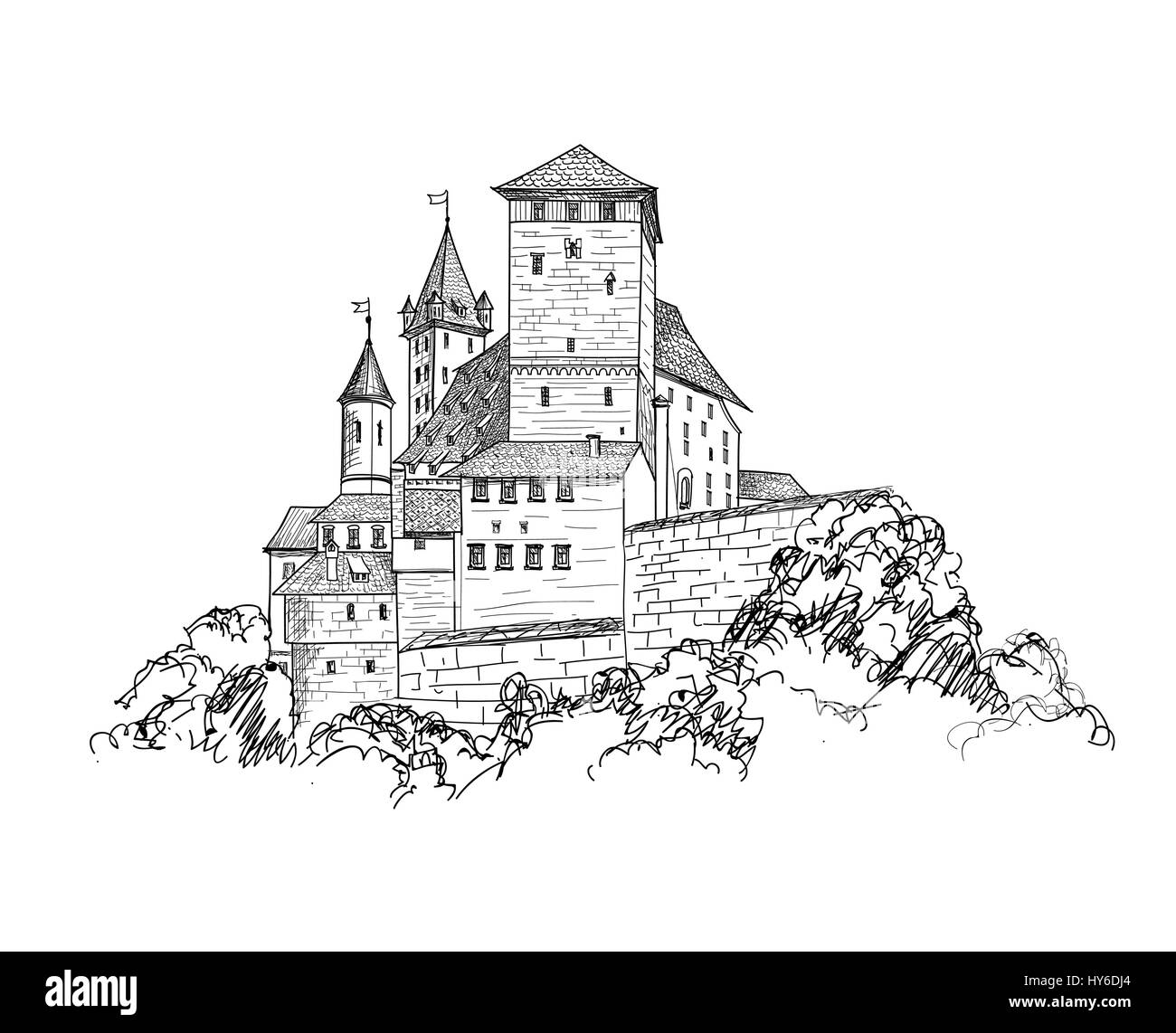 Castillo antiguo paisaje grabado. Edificio torre sketch skyline Ilustración del Vector