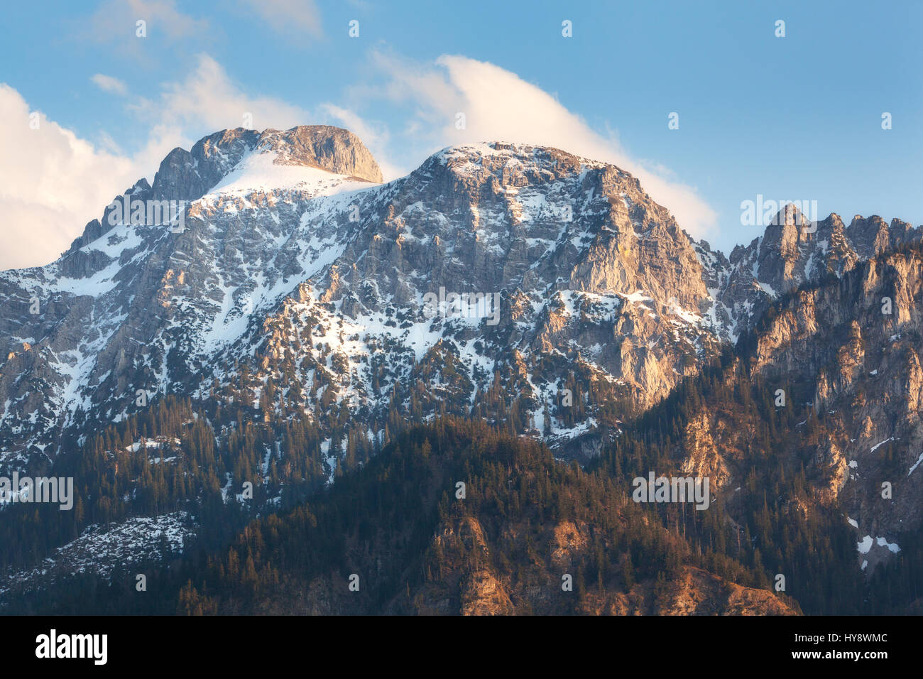 Cumbres nevadas al atardecer en primavera. Paisaje de montaña con altas rocas cubiertas de nieve, bosques y el cielo azul con nubes en la noche. Alpes i Foto de stock