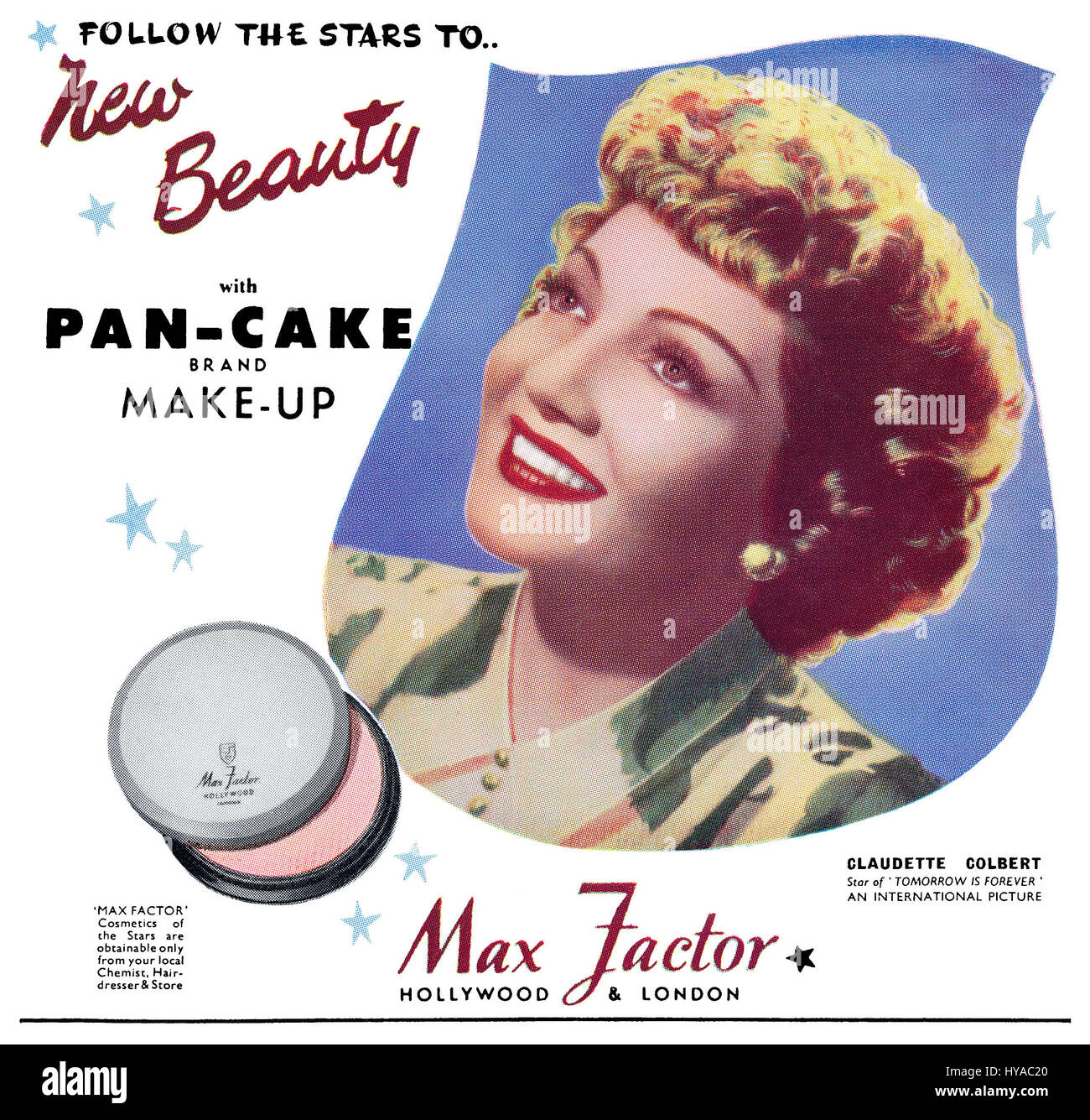 1946 British anuncio para Max Factor Maquillaje Pan-Cake, con la actriz de Hollywood Claudette Colbert. Foto de stock